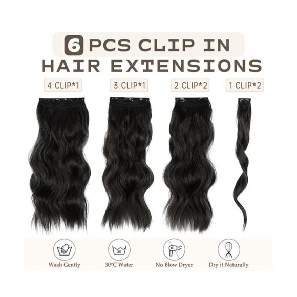 Vigorous Womens 20" Black Synthetic Clip-In Hair Extensions 6pcs Set Long Wavy - Picture 3 of 6